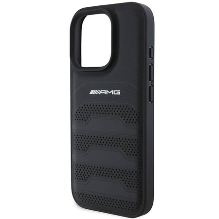 Original Handyhülle IPHONE 16 PRO MAX Mercedes AMG Hardcase Leather Debossed Lines Black Logo (AMHCP16XGSEBK) schwarz