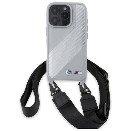 Original Handyhülle IPHONE 16 PRO MAX BMW Hardcase M Edition Carbon Stripe & Strap (BMHCP16X23PSCCG) grau