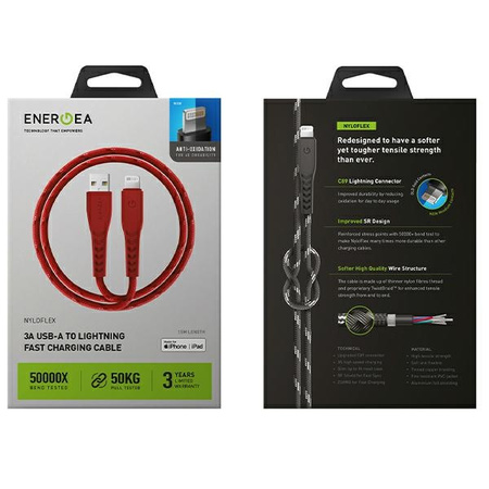 ENERGEA kabel Nyloflex USB - LightningCharge and Sync C89 MFI 1.5m czerwony/red