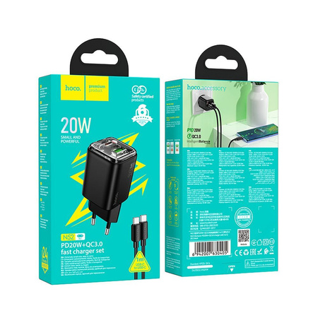 Ładowarka sieciowa do telefonu Hoco USB A + USB C QC3.0 PD 3A 20W + kabel USB C do USB C N34 transparentna