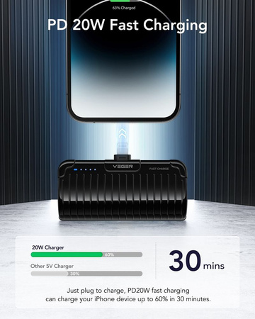 VEGER powerbank 5000 mAh z wbudowanym złączem Lightning PlugOn PD QC3.0 2,4A 20W W0558P czarny