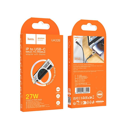 HOCO adapter Lightning (męski) do Typ C (żeński) z wyświetlaczem 2,4A 27W UA32B srebrny