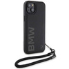 BMW Signature Leder-Wordmark-Cord-Hülle für iPhone 15 Plus / 14 Plus – Schwarz