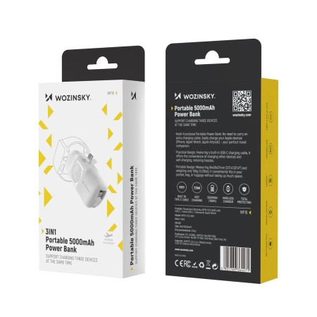 Wozinsky WF16-YCS 5000 mAh 15 W USB-C Mini-Powerbank mit integriertem USB-C-Kabel und Apple Watch Ladegerät – Weiß