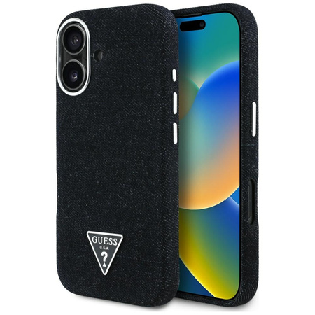 Original Handyhülle IPHONE 16 Guess Denim Triangle Logo MagSafe schwarz