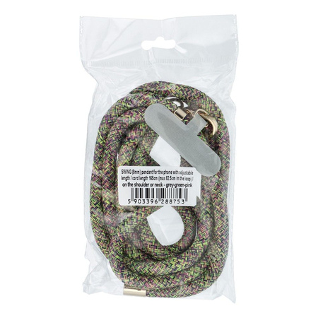 Zawieszka SWING (8mm) do telefonu z regulacją długości / długość sznura 165cm (max 82,5cm w pętli) / na ramię lub szyję - szaro zielono różowy