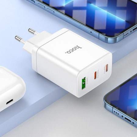 HOCO ładowarka sieciowa 2 x Typ C + USB A + kabel Typ C do Lightning QC PD 35W N33 biała