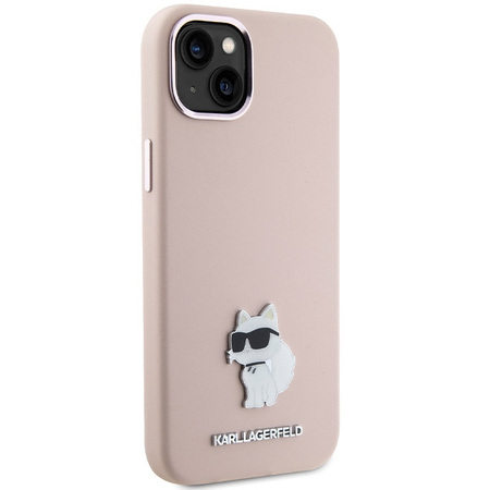 Karl Lagerfeld Silikon Choupette Metall Pin Hülle für iPhone 15 Plus / 14 Plus – Rosa