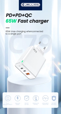 JELLICO Netz-Ladegerät C79 GaN PD 65W 2xUSB-C + 1xUSB QC3.0 + Kabel USB-C - Lightning weiss