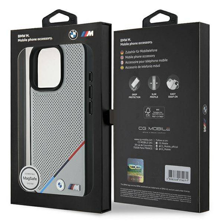 Original Case IPHONE 16 PRO BMW Hardcase M Perforated Tricolor Line MagSafe (BMHMP16L23PUPDG) gray