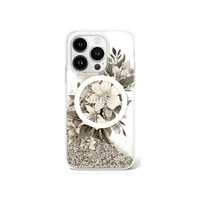 Guess Liquid Glitter Flower MagSafe-Hülle für iPhone 16 Pro – Beige