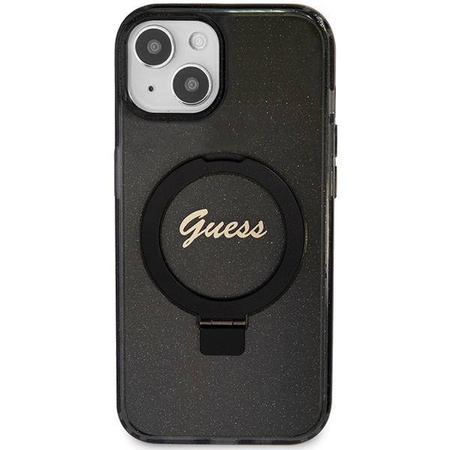 Guess Ring Stand Script Glitter MagSafe-Hülle für iPhone 15 – Schwarz