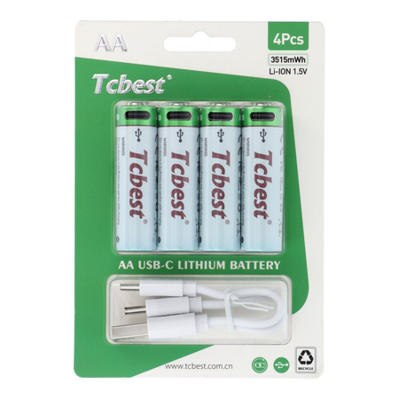 TCBEST bateria akumulatorowa R6 (AA) 950 mAh z gniazdem Typ C + kabel USB A do 4 x Typ C 4 szt