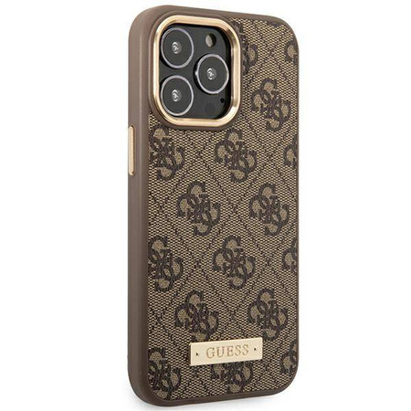 Original Handyhülle IPHONE 14 PRO Guess Hard Case 4G Logo Plate MagSafe (GUHMP14LU4GPRW) braun