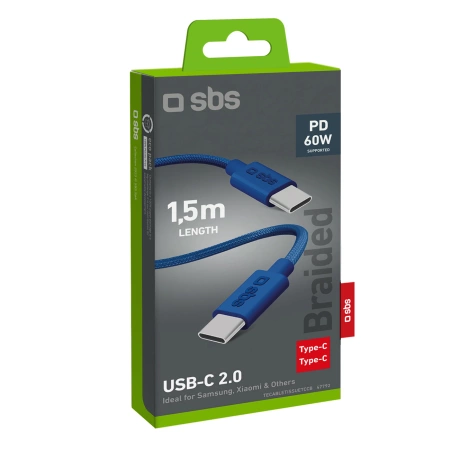 Kabel SBS TECABLETISSUETCCB USB-C - USB-C 1,5m 60W w oplocie - niebieski