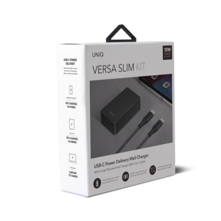 UNIQ Ład. siec. Versa Slim USB-C PD 18W + kabel USB-C na USB-C czarny/charcoal black (LITHOS Collective)