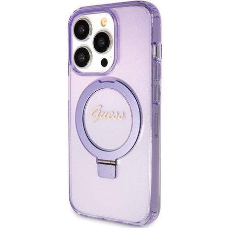Guess Ring Stand Script Glitter MagSafe-Hülle für iPhone 15 Pro Max – Lila