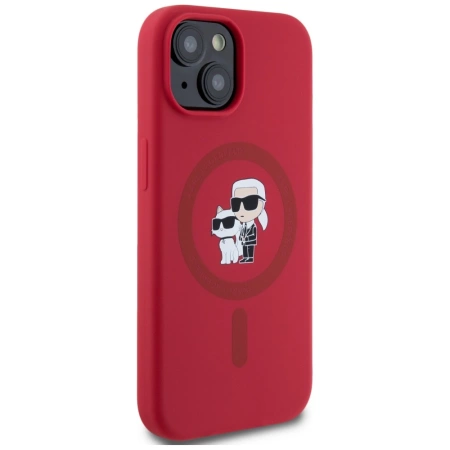 Karl Lagerfeld Silikon Karl&amp;Choupette Heads Ring MagSafe iPhone 15 Hülle - Rot