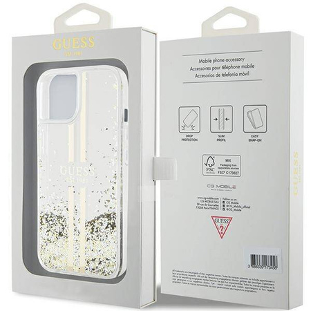 Oryginalne Etui GUESS Hardcase GUHCP15MLFCSEGT do iPhone 15 Plus (Liquid Glitter Gold Stripes / transparent)