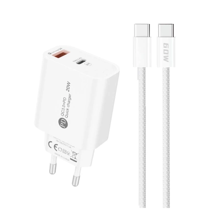 Ładowarka sieciowa A6MaxC 20W USB-A USB-C z kablem USB-C - USB-C 1m - biała