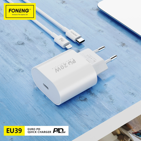 Foneng Ładowarka sieciowa EU39 - Typ C - PD 20W 3A z kablem Typ C na Lightning biała