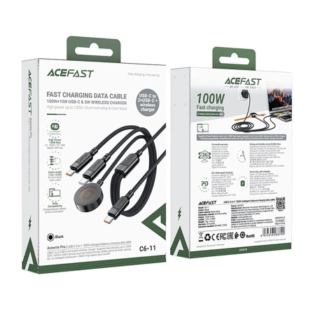Acefast C6-11 USB-C 3in1 Cable - 2x USB-C / Qi 480Mb/s 100W 1.2m - black