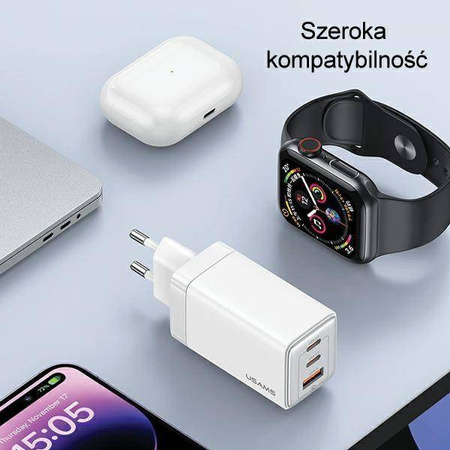 Wall Charger USAMS 2xUSB-C+1xUSB 65W (only head) GaN PD3.0 +QC3.0 Fast Charging white Sandru Series CC180TC02 (US-CC180)