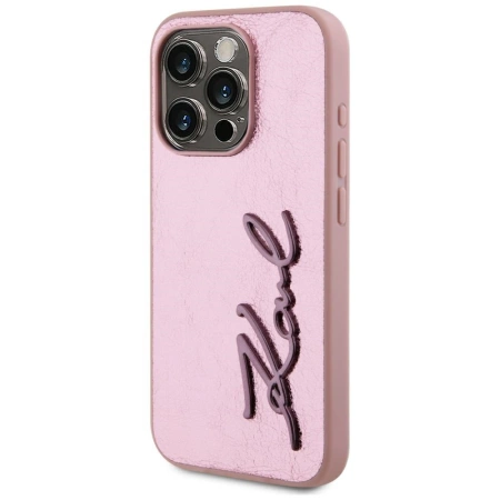 Karl Lagerfeld Wrinkled Metal Signature iPhone 15 Pro Hülle - Rosa