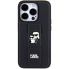 Karl Lagerfeld Gripstand Saffiano Karl&amp;Choupette Pins Hülle für iPhone 15 Pro – Schwarz