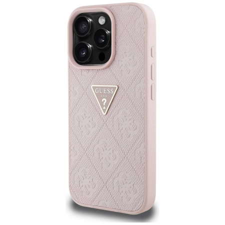 Schutzhülle IPHONE 16 PRO MAX Guess Hot Stamp 4G Pattern Triangle Metal Logo rosa