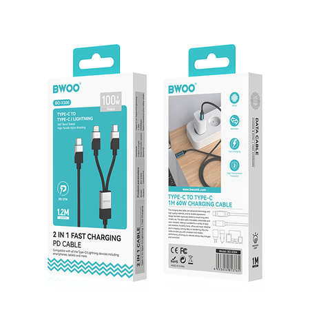 BWOO Pleciony kabel 2 w 1 USB-C do USB-C i Lightning 100W/27W