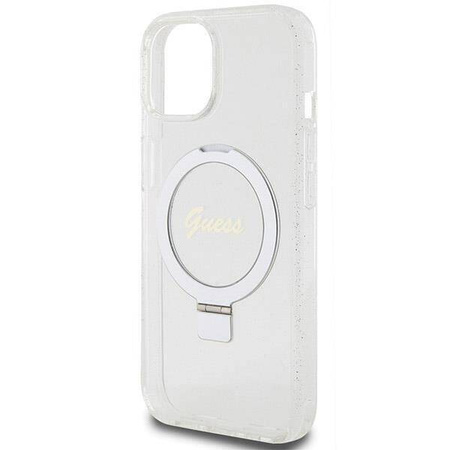Original Handyhülle IPHONE 13 / 14 / 15 Guess Hardcase Ring Stand Script Glitter MagSafe (GUHMP15SHRSGSD) transparent