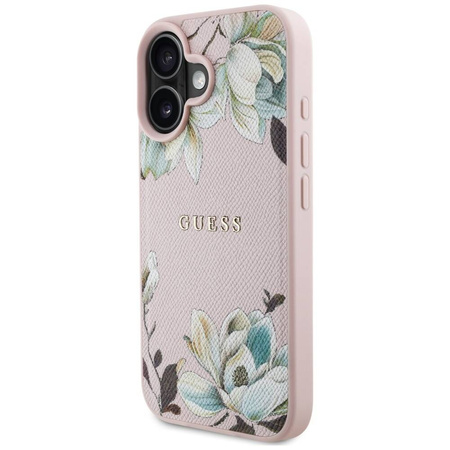 Schutzhülle IPHONE 16 Guess Grained Printed Flower Pattern MagSafe rosa