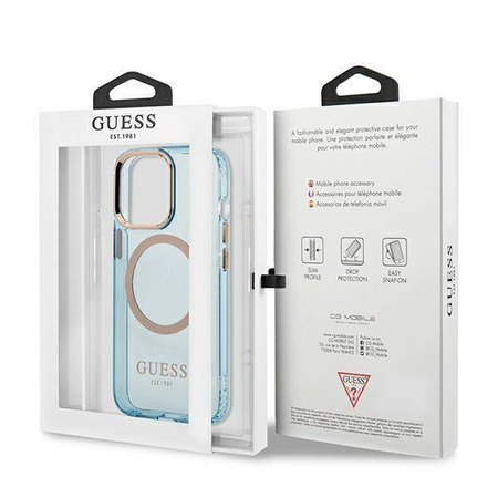 Original Case IPHONE 13 PRO Guess Hard Case Gold Outline Translucent MagSafe (GUHMP13LHTCMB) blue