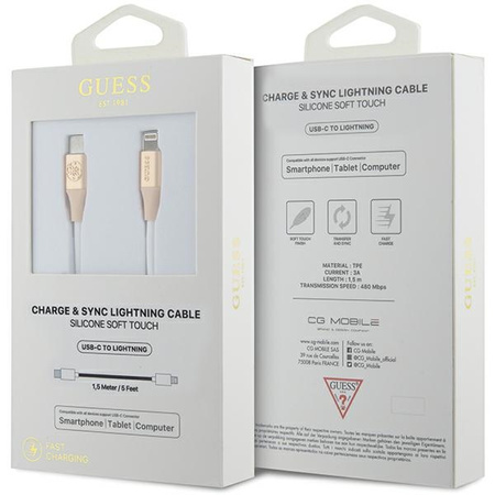 Guess GUCLLALRGDD kabel USB-C - Lightning 1.5m Fast Charging złoty/light gold Ebossed Logo