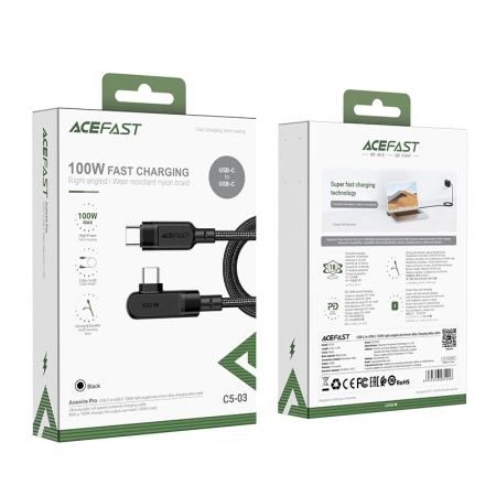 Acefast C5-03 Schwarz USB-C – USB-C PD QC-Kabel 100 W 5 A 480 Mbit/s 2 m – Schwarz
