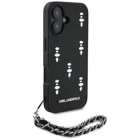 Karl Lagerfeld Saffiano-Kristalle mit Kette iPhone 16-Hülle - Schwarz
