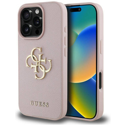 Schutzhülle IPHONE 16 PRO Guess Grained Big 4G Logo Small Classic Logo rosa