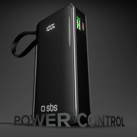 Powerbank SBS 10000 mAh 20W mit integriertem USB-C-Kabel und Digitalanzeige - schwarz