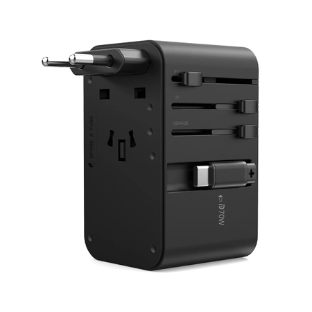 Adapter podróżny Choetech PD5022 70W EU / US / AUS / UK z wbudowanym kablem USB-C - czarny