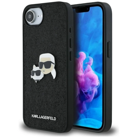 Karl Lagerfeld Fixed Glitter Karl&amp;Choupette Heads Metal Pin iPhone 16e Case - Black