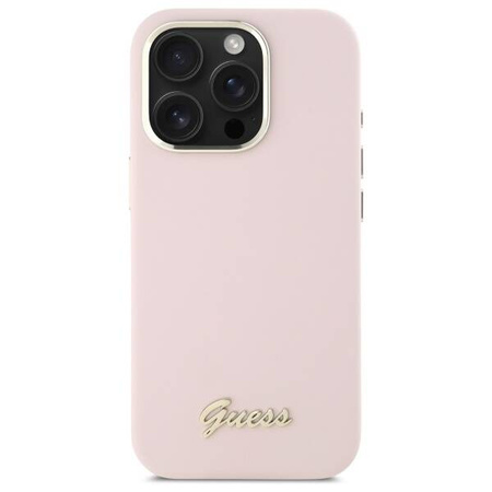 Original Case IPHONE 16 PRO MAX Guess Hardcase Silicone Script Metal Logo & Frame (GUHCP16XSMBSLP) pink