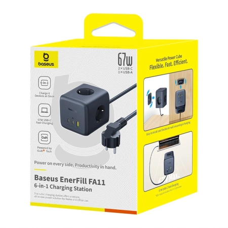 Baseus EnerFill FA11 67W Steckdosenleiste, USB-A + USB-C Würfel + 3 x EU-Steckdose 1,5m - Schwarz
