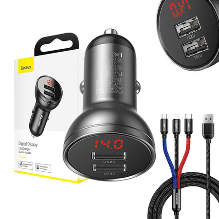 Baseus ładowarka samochodowa 2x USB 4,8A 24W z LCD + kabel 3w1 USB - USB Typ C / micro USB / Lightning 1,2m czarny (TZCCBX-0G)