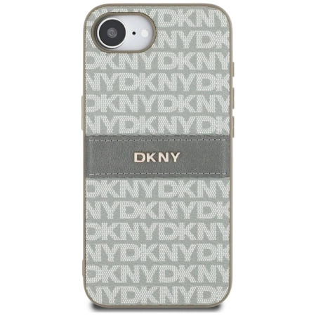 DKNY iPhone 16e Hülle mit wiederholtem Texturmuster und farblich abgestimmten Streifen – Beige