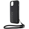 BMW Signature Leder-Wordmark-Cord-Hülle für iPhone 15 Plus / 14 Plus – Schwarz