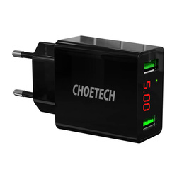 Choetech dwuportowa ładowarka USB-A z cyfrowym wyświetlaczem 11W wtyczka EU czarny (C0028)