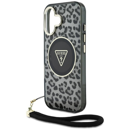 Original Handyhülle IPHONE 16 Guess HC IML Leopard Triangle Cord Strap schwarz