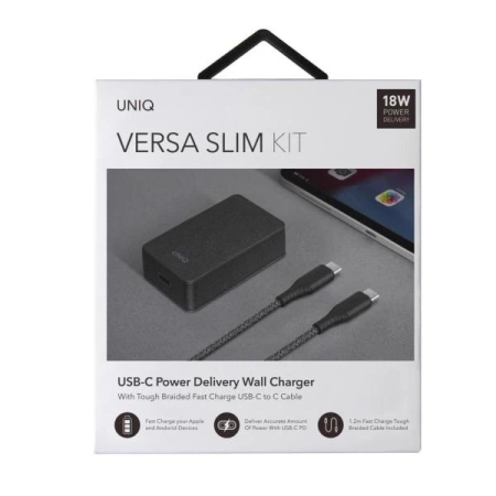 UNIQ Ład. siec. Versa Slim USB-C PD 18W + kabel USB-C na USB-C czarny/charcoal black (LITHOS Collective)