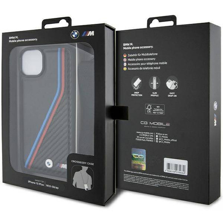 BMW M Edition Carbon Tricolor Lines &amp; Strap case for iPhone 15 / 14 / 13 - black